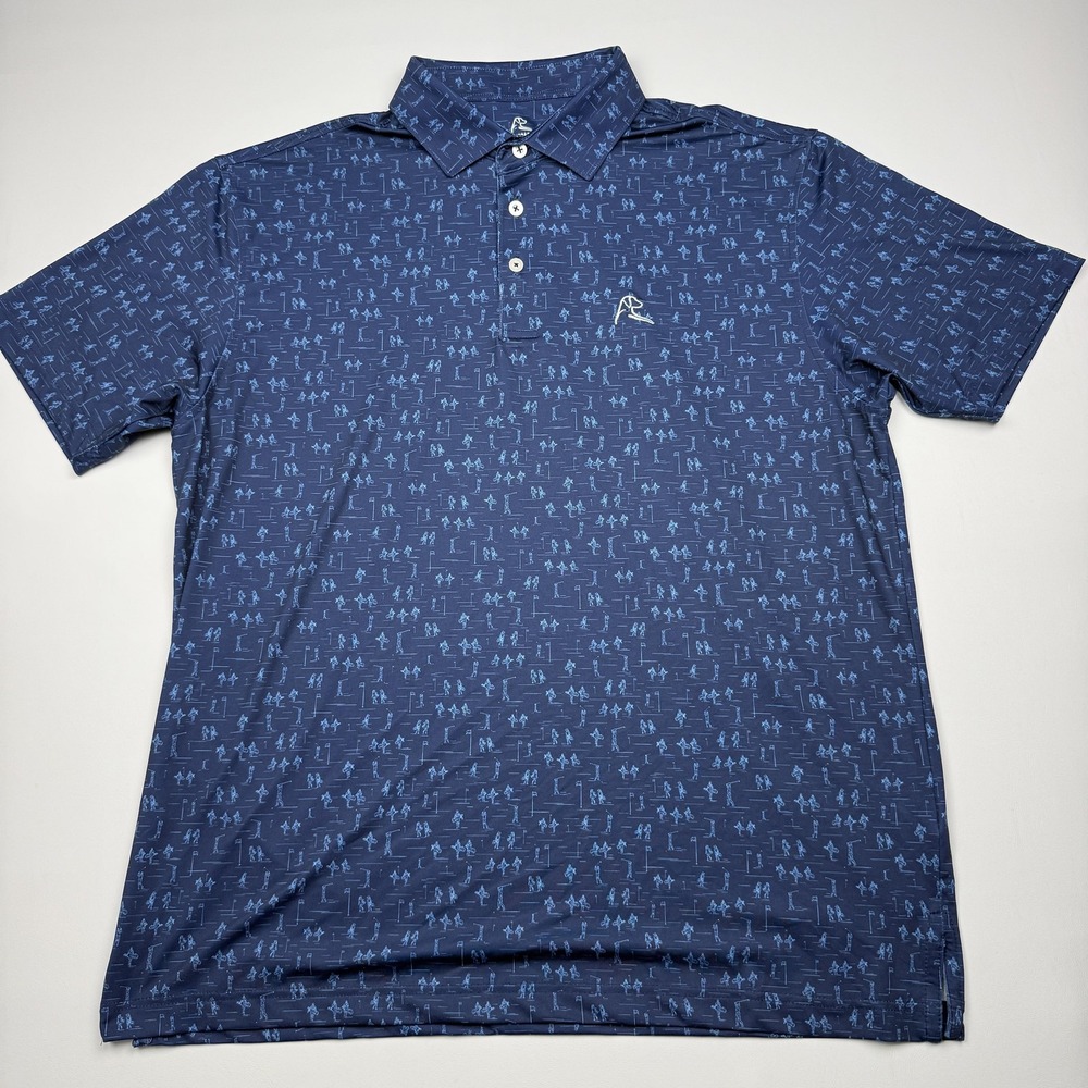 Rhoback Targa Golfers Print Golf Polo Shirt Mens Large Blue Performance Stretch